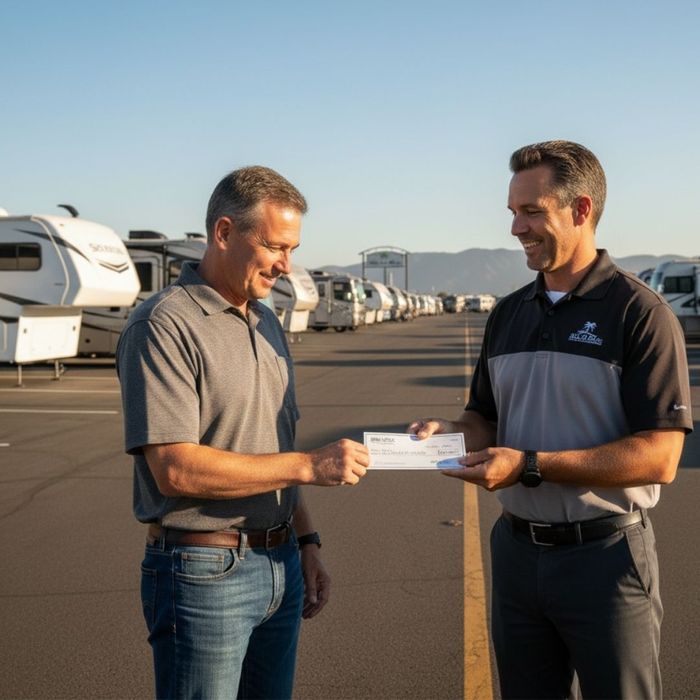 A person happily receiving a check for their RV from a professional