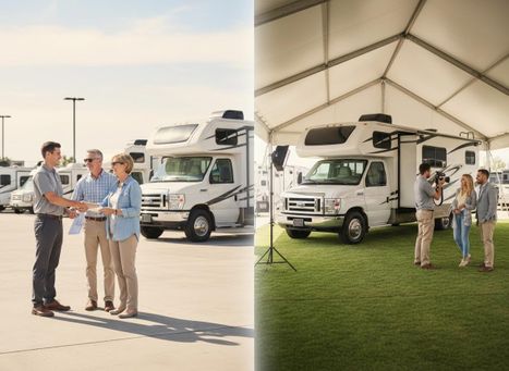 A split image: a salesman shaking hands with an older couple at an RV dealership, and a film crew shooting a younger couple with an RV under a tent. RV Dealership Transaction and Production Shoot