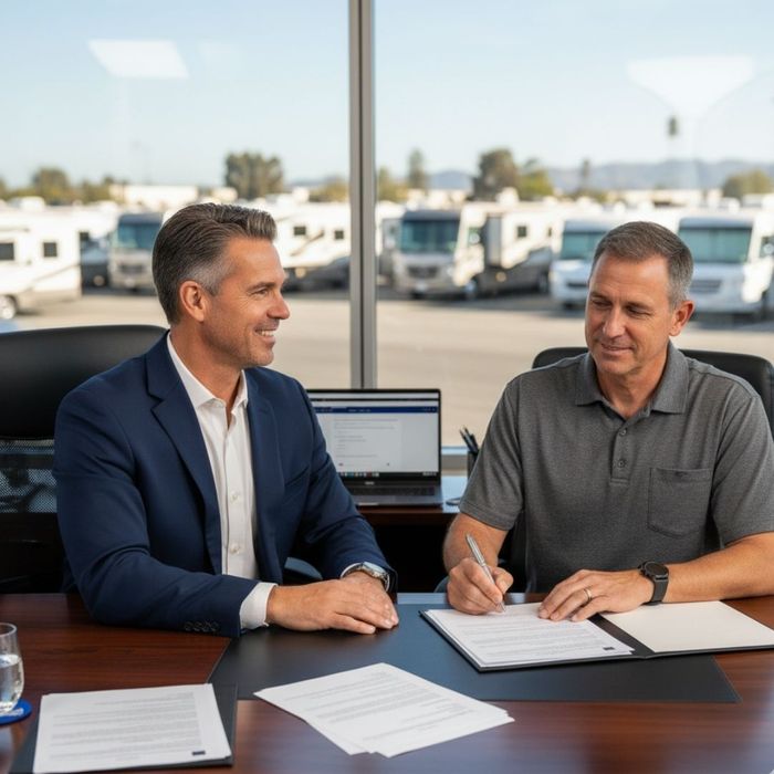 a professional sitting across from a buyer signing paperwork in an office