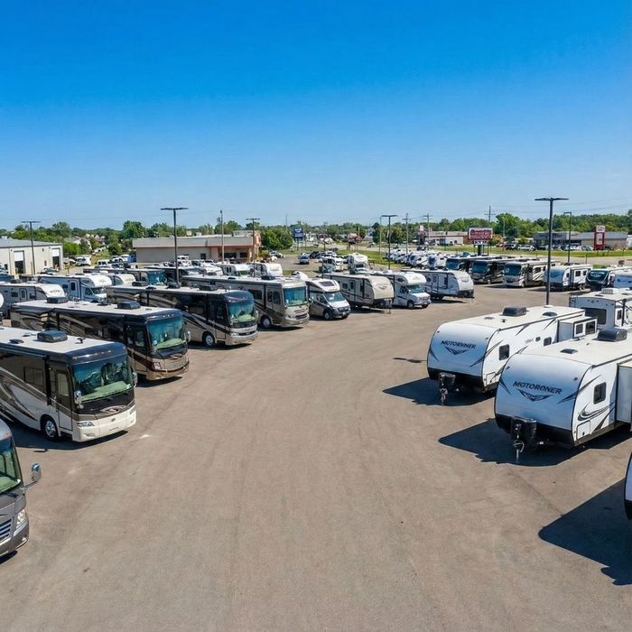 An aerial view of a large, sunlit RV dealership lot filled with various types of motorhomes and travel trailers on display.