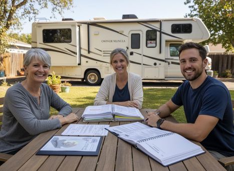 Three smiling individuals, two women and one man, sit at an outdoor table with documents, a recreational vehicle (RV) in the background. Three people reviewing documents in front of an RV