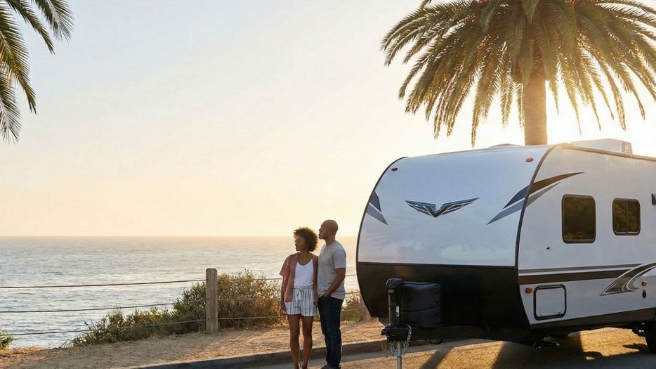 Standing next to camper