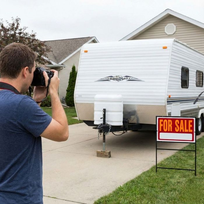 A man with a DSLR camera takes photos of a white travel trailer parked in a residential driveway next to a 'For Sale' sign.