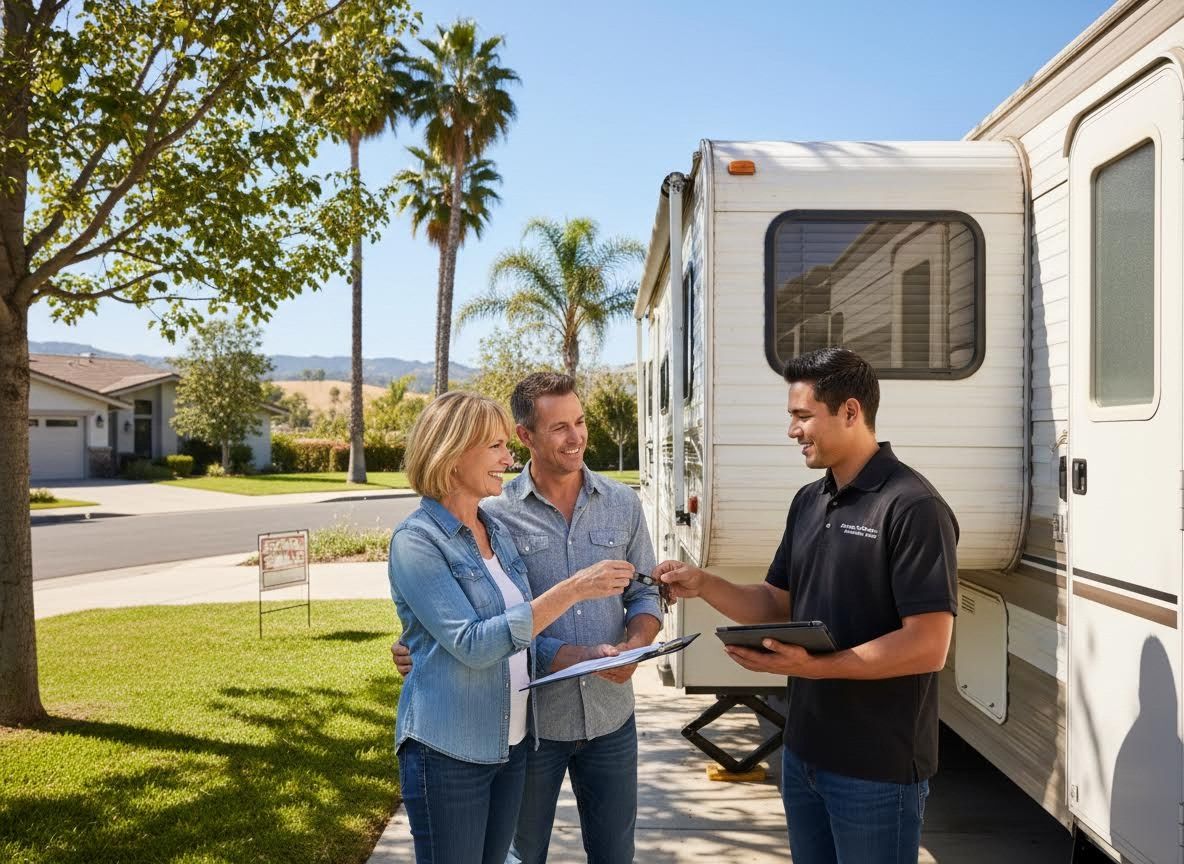 Couple receiving keys to their RV from a service representative