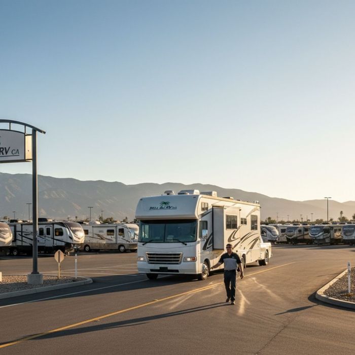 An RV being carefully pulled into a consignment dealer lot