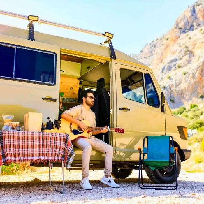 Person traveling in a campervan