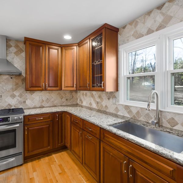 Wooden cabinets in kitchen