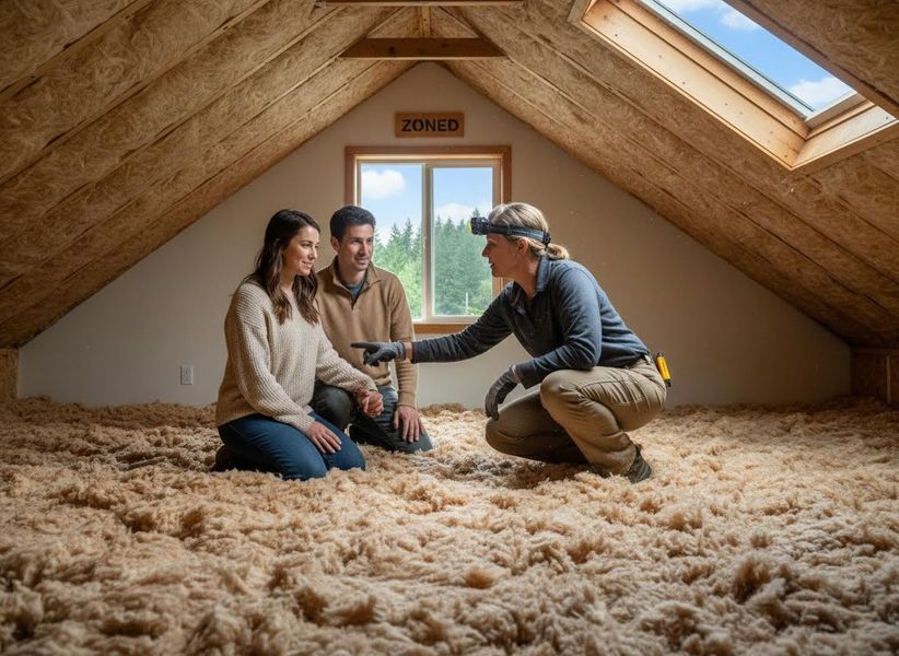 A female insulation expert wearing a headlamp talks to a couple sitting on loose insulation in an attic with a window and skylight. Insulation Specialist Discussing Attic Upgrades with Homeowners