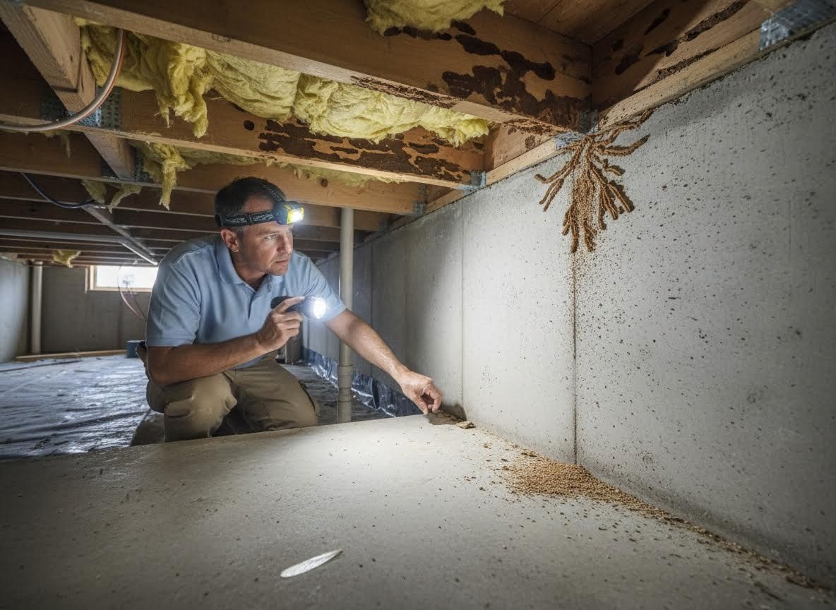 Termite Inspection in Basement with Flashlight