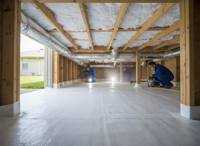 Two workers in protective gear are encapsulating a crawl space, installing a white vapor barrier on the floor and sealing insulation. Crawl Space Encapsulation Service