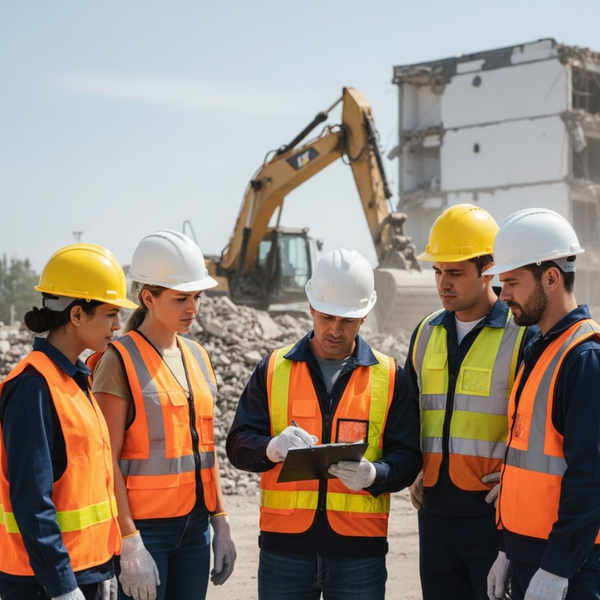 A construction manager reviews documents on a clipboard with a diverse team of demolition workers wearing hard hats and safety vests at a job site.