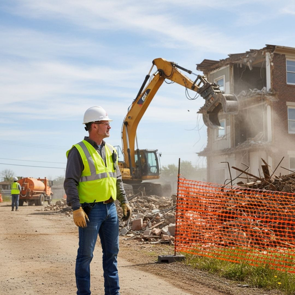 A construction worker wearing a hard hat, safety vest, and gloves stands on a dirt path, observing an excavator actively demolishing a building in the background.