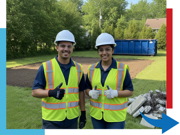 A team of two smiling, professional-looking workers in uniform and hard hats, giving a thumbs-up in front of a recently completed project, representing a trusted and reliable full service demolition team.