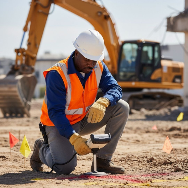 A construction worker wearing a hard hat and safety vest kneels, using a utility locator device on the ground, with small flags and an excavator in the background.