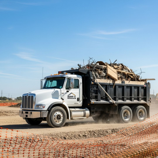 A white Dump It Solutions dump truck with a full load of demolition debris is driving on a dirt road at a construction site.