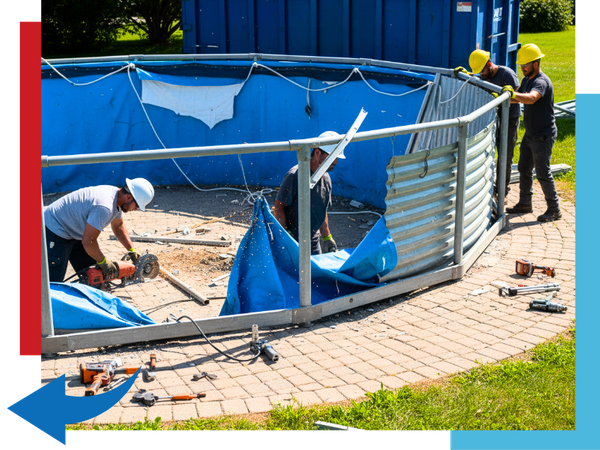 A close-up shot of an above-ground pool being dismantled, with workers carefully removing sections, highlighting the precision of our demolition services.