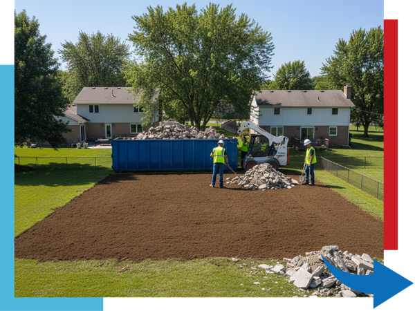 An image demonstrating the site cleanup, with a crew loading debris into a large dumpster.