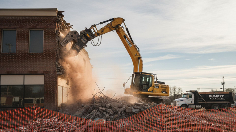 A large excavator with a claw attachment is actively demolishing a brick building under a clear sky.