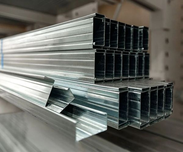 Stack of galvanized steel studs ready for construction framing