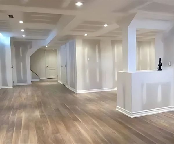 Large finished basement space with new drywall, recessed lighting, and hardwood floors