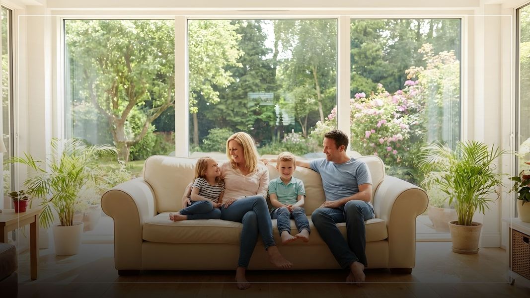 A family enjoying a bright living room with large windows.