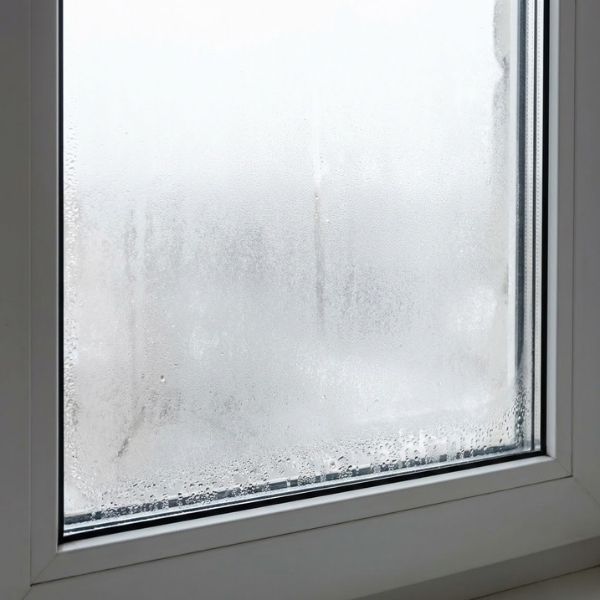 A window with condensation fogging up the glass between the panes.
