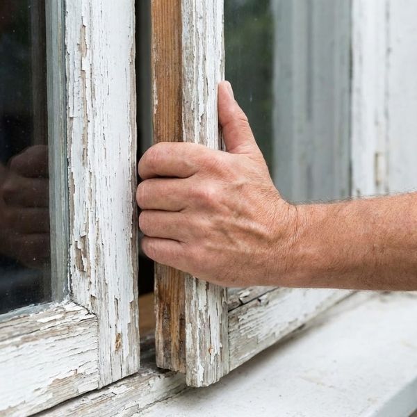 A hand struggling to open an old, stuck wooden window sash.
