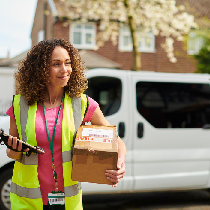 woman walking to drop off a package