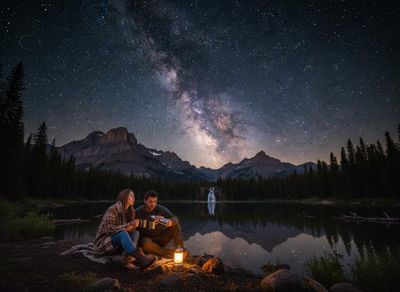 Couple stargazing by a mountain lake under the Milky Way