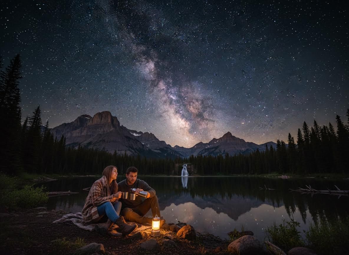 Couple stargazing by a mountain lake under the Milky Way