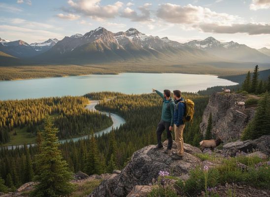 Two Hikers Admiring Mountain Lake and Wildlife View