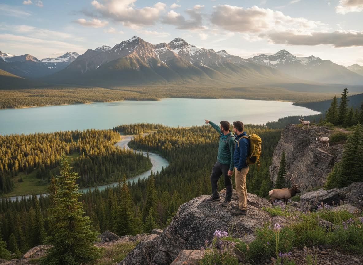 Two Hikers Admiring Mountain Lake and Wildlife View