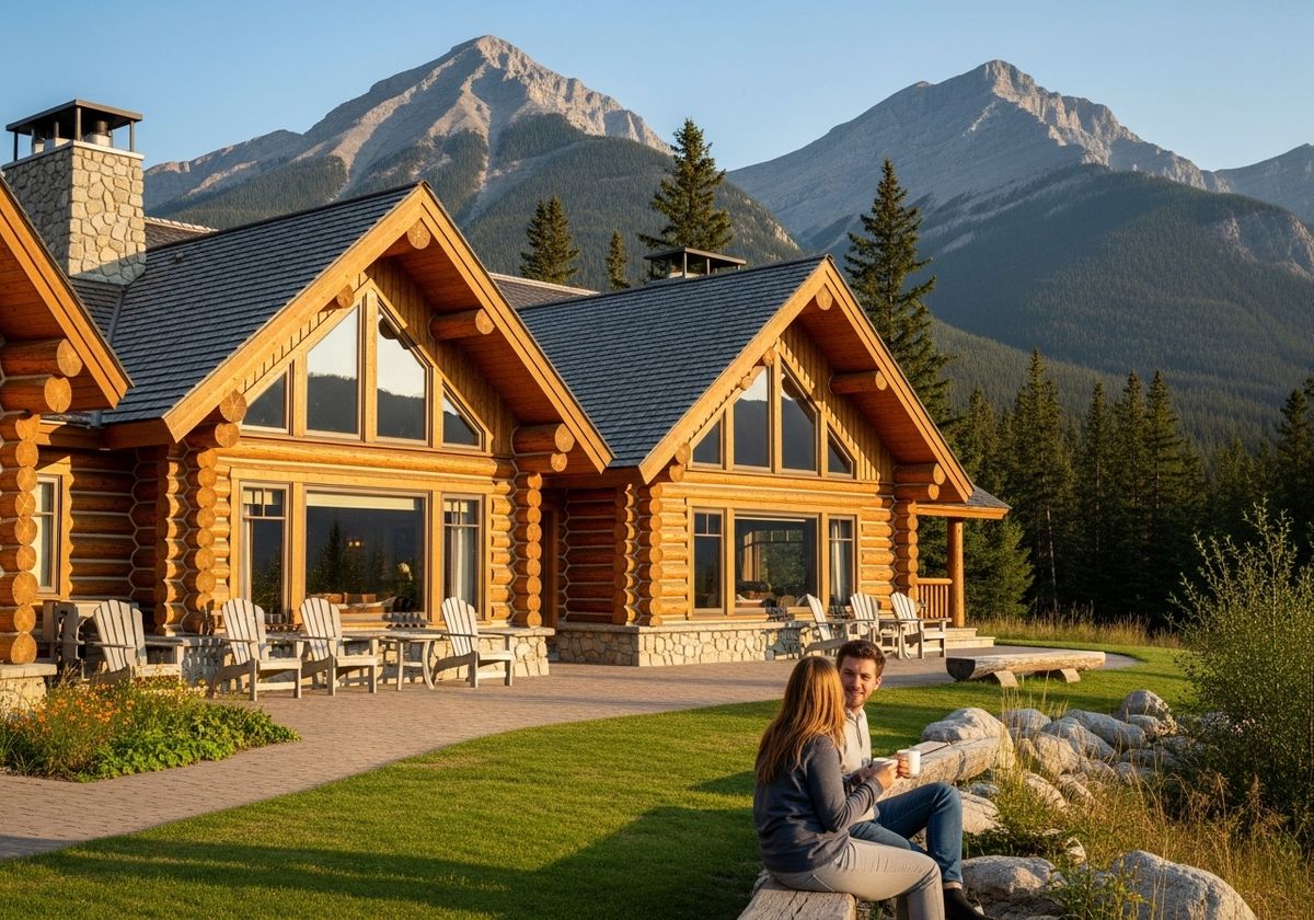 Couple Relaxing at Log Cabin with Mountain View