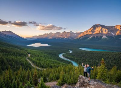 A happy couple stands on a rocky viewpoint, admiring a panoramic scene of dense green forests, turquoise lakes, a winding river, and majestic sunlit mountains. Couple on mountain peak overlooking Canadian Rockies with lakes and river at sunset