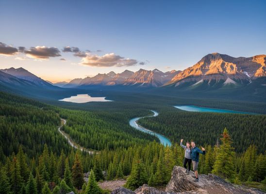 Couple on mountain peak overlooking Canadian Rockies with lakes and river at sunset