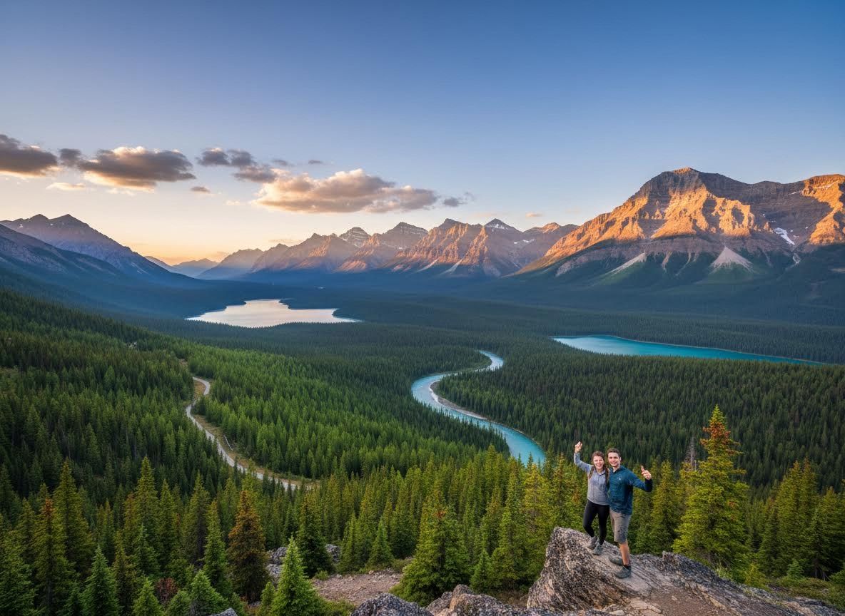 Couple on mountain peak overlooking Canadian Rockies with lakes and river at sunset