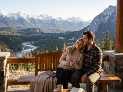 Couple enjoying scenic mountain view with coffee