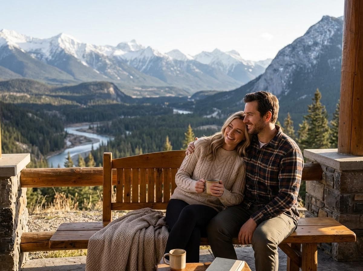 Couple enjoying scenic mountain view with coffee