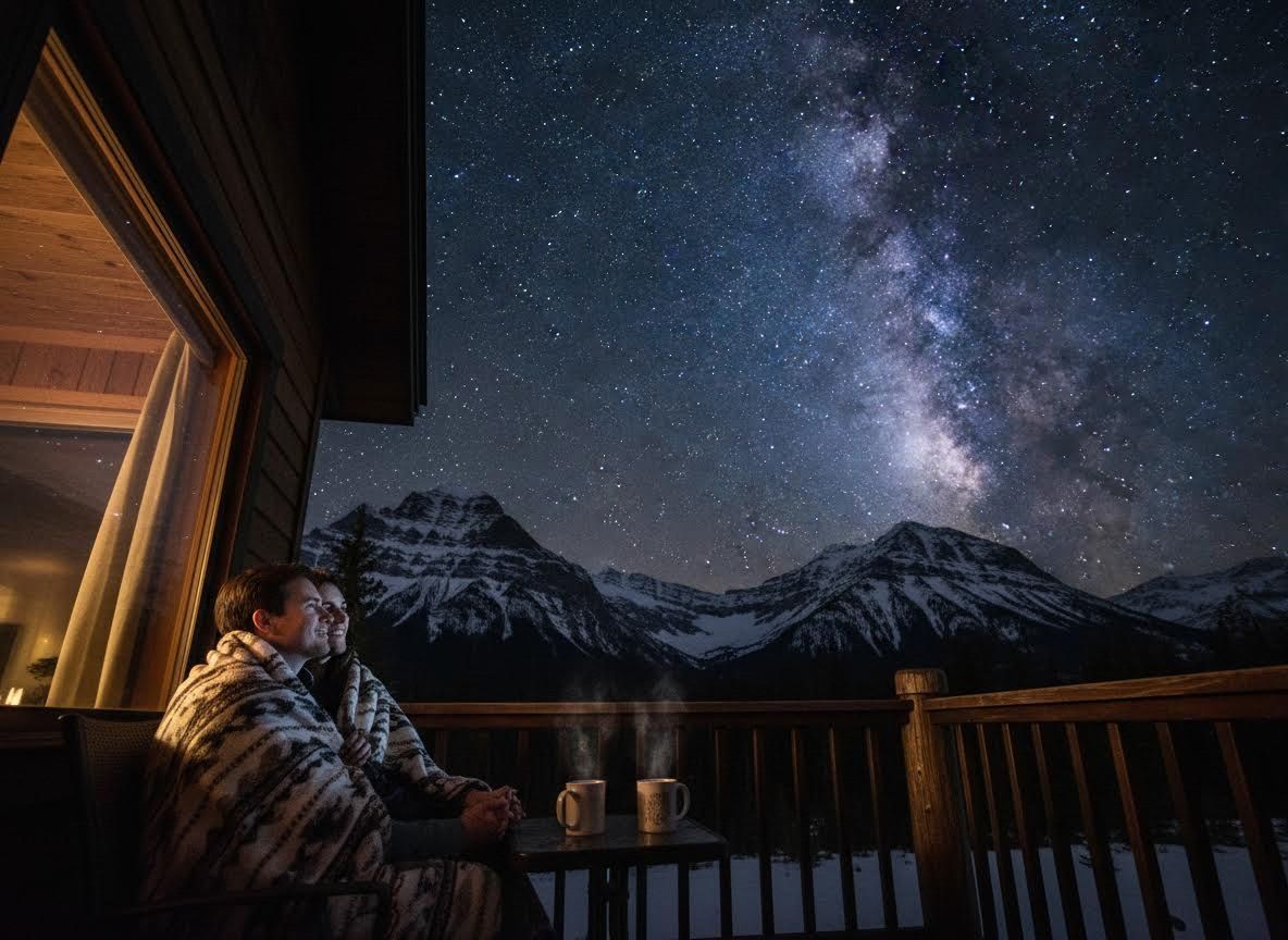 Couple Stargazing from Cabin Balcony with Milky Way and Mountains