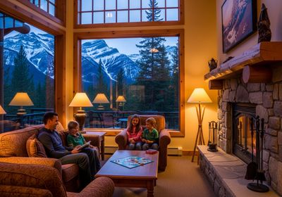 A family of four relaxes in a warmly lit cabin living room with a stone fireplace, large windows offering a stunning view of snow-capped mountains and evergreen trees, creating a cozy and inviting atmosphere. Family Enjoying Cozy Cabin with Mountain View