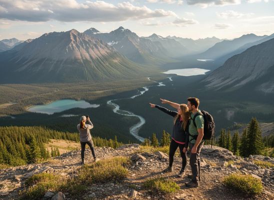 Friends on mountain admiring panoramic valley view