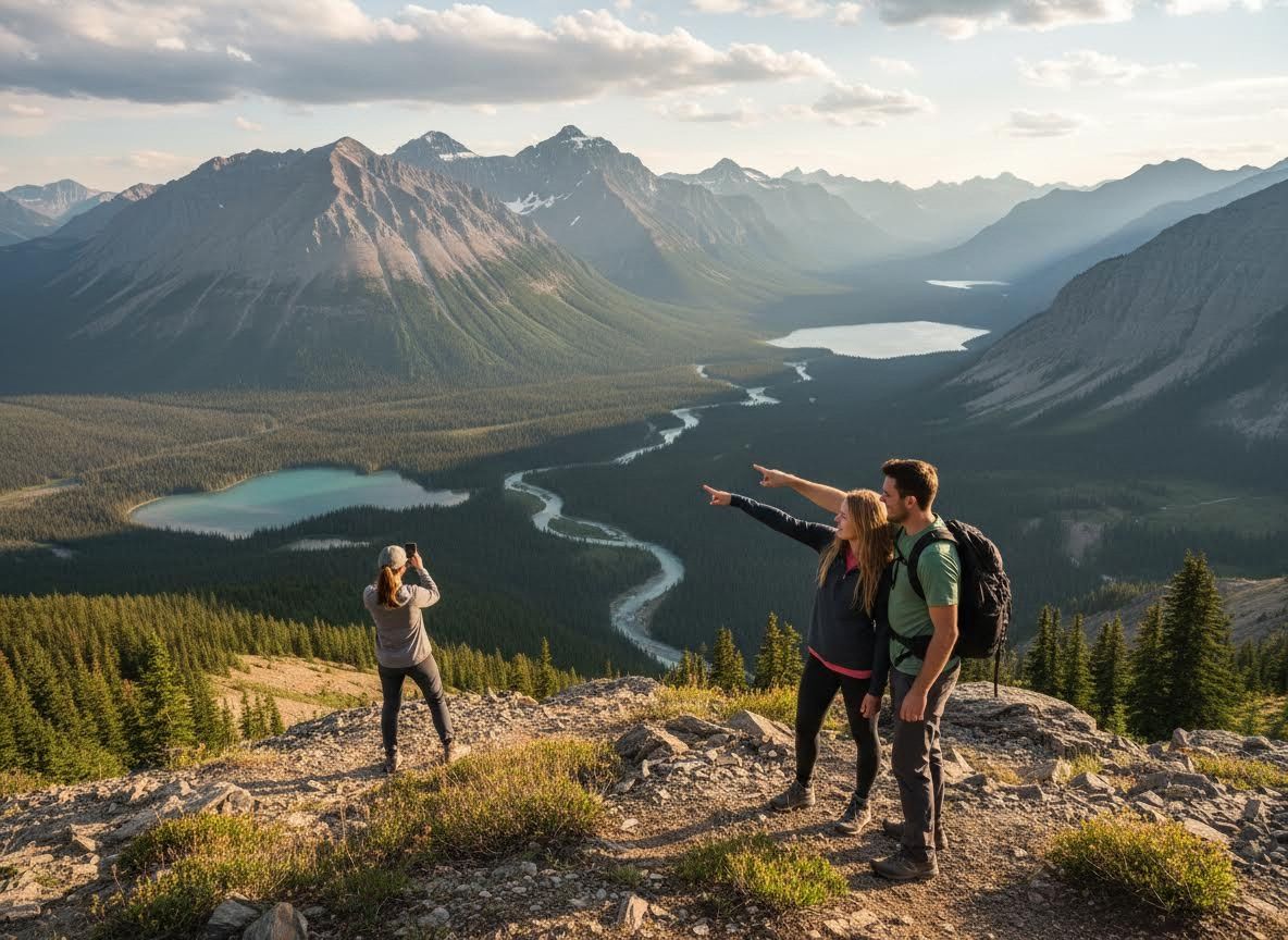 Friends on mountain admiring panoramic valley view