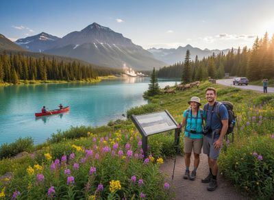 Couple Hiking by Turquoise Mountain Lake