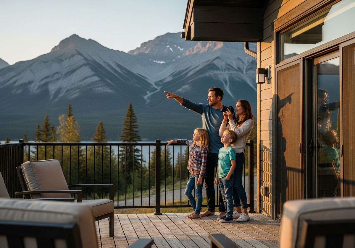 Family admiring mountain view from cabin deck