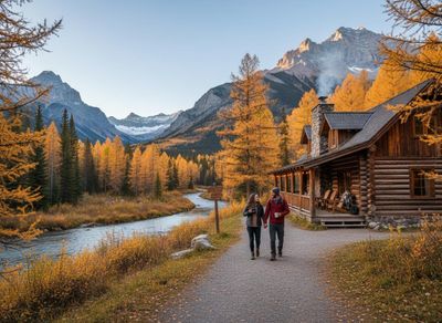 A couple walks hand-in-hand on a path past a log cabin with a smoking chimney, surrounded by golden larch trees, a river, and mountains in fall. Couple walking near a cozy log cabin in an autumn mountain landscape