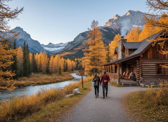 Couple walking near a cozy log cabin in an autumn mountain landscape