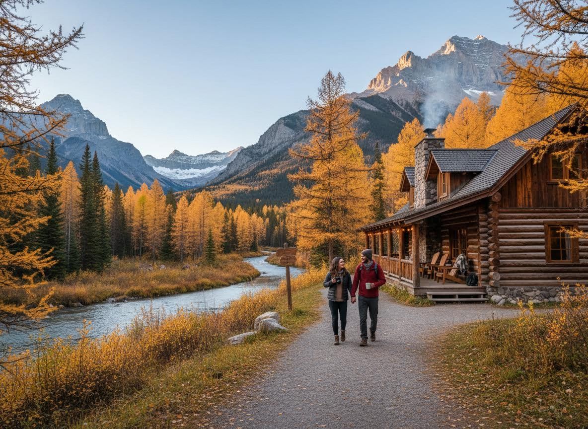 Couple walking near a cozy log cabin in an autumn mountain landscape