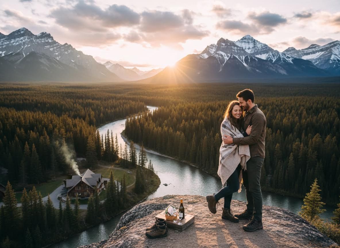 Couple embracing on cliff overlooking mountain and river at sunset