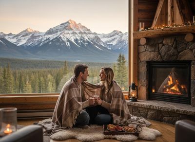 Couple enjoying a cozy mountain lodge retreat