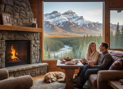 A couple smiles over breakfast in a warm lodge, with their golden retriever, a roaring fire, and a magnificent snowy mountain vista. Couple and dog enjoying breakfast in a cozy mountain lodge with a stunning view